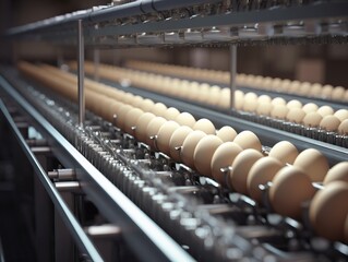 Modern egg production conveyor system in agricultural industry, with rows of white eggs moving on a conveyor belt in a clean and industrial environment.