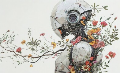 drawing of a robot in blooming flowers on a white background