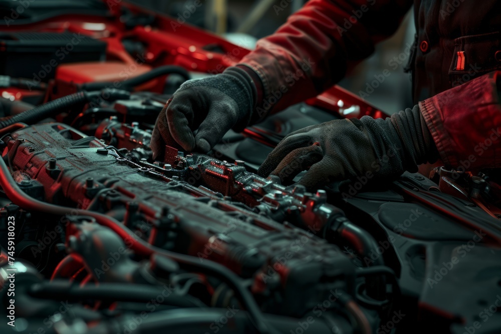 Poster mechanic working on a car engine in a workshop.
