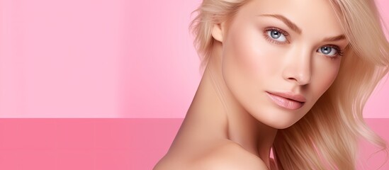 Naklejka premium Glamorous Blonde Woman with Enchanting Blue Eyes and Stunning Long Hair