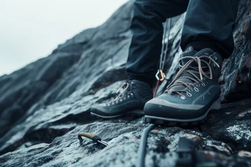 Foto op Aluminium rock climbers shoes at the base of a climbing route line © Natalia