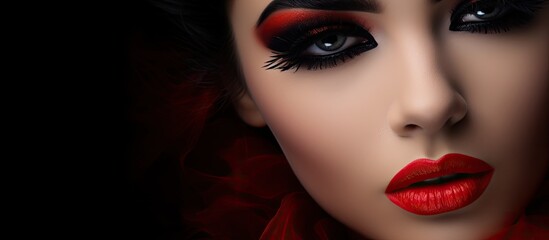 Fototapeta premium Sensual Dark-Haired Woman with Striking Red Lips - Captivating Beauty Portrait in Vogue Style