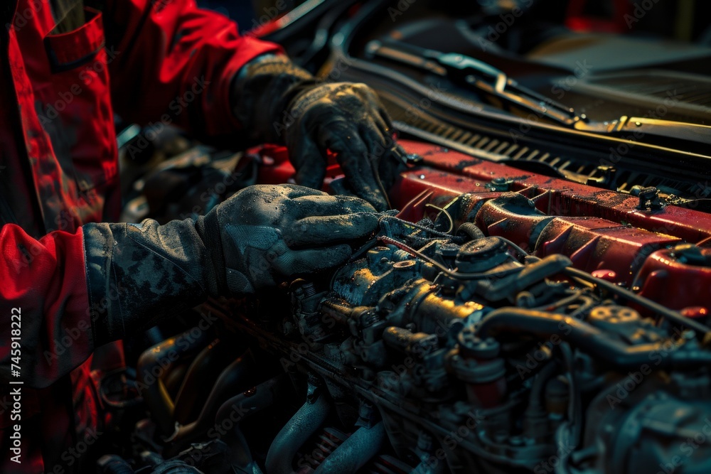 Poster mechanic working on a car engine in a workshop.