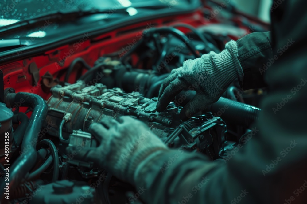 Poster mechanic working on a car engine in a workshop.