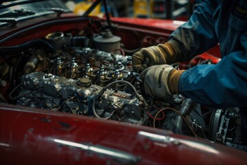 Mechanic working on a car engine in a workshop.