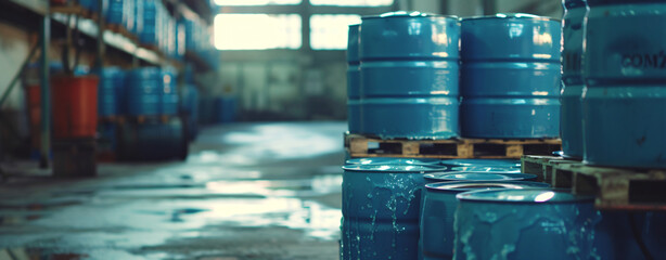 Blue barrel drum on the pallets containing liquid. - obrazy, fototapety, plakaty