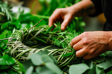 person weaving greenery into a wreath