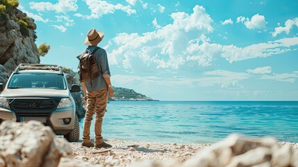 Travel banner. Young man traveler in a hat standing near his car during summer holiday on the sea. Road trip on vacation.  - obrazy, fototapety, plakaty