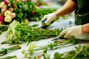 florist trimming stems at work table with floral clippers - obrazy, fototapety, plakaty