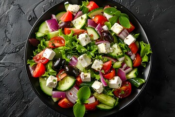 Greek Salad on a black background top view Greek Cuisine. Concept Greek Food, Salad, Mediterranean Cuisine, Food Photography, Black Background