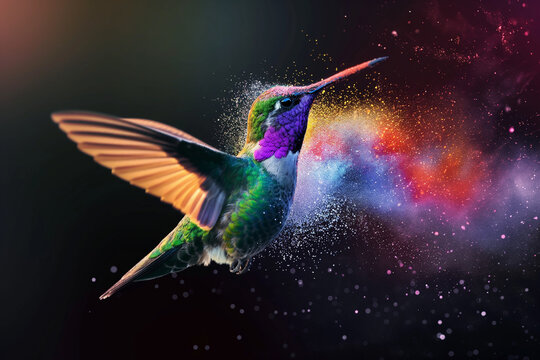 cinematic image of a hummingbird with dynamic smoke details. 