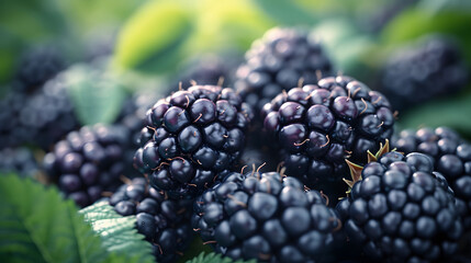 A cluster of blackberries, their glossy deep purple-