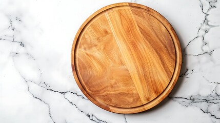 Blank wooden round board on white stone kitchen table, top view, flat lay. Wooden pizza plate, copy space. Generative Ai