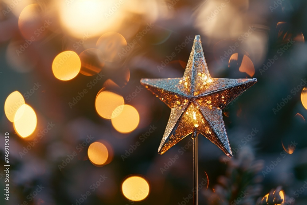 Aufkleber trophy with a star shape in front of a bokeh light background.