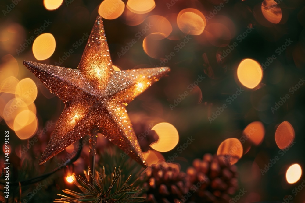 Aufkleber trophy with a star shape in front of a bokeh light background.