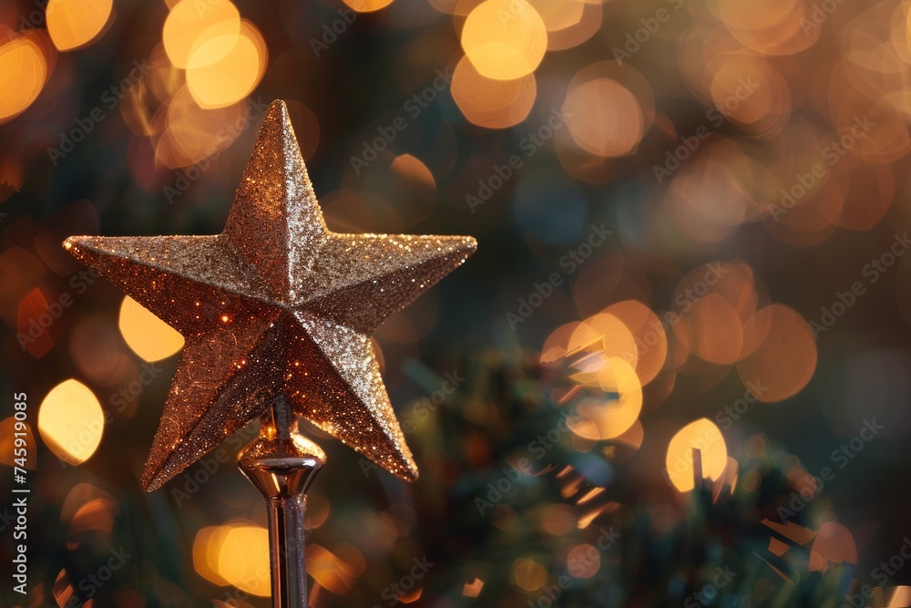 Aufkleber trophy with a star shape in front of a bokeh light background.