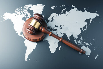 gavel on the world map, emphasizing global judiciary jurisdiction - obrazy, fototapety, plakaty