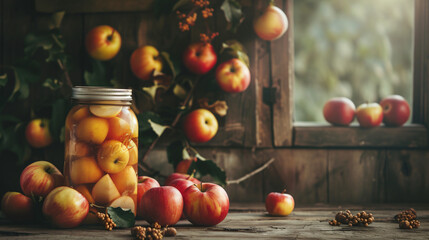 Canned apples. Jar with canned apples and fresh. - obrazy, fototapety, plakaty