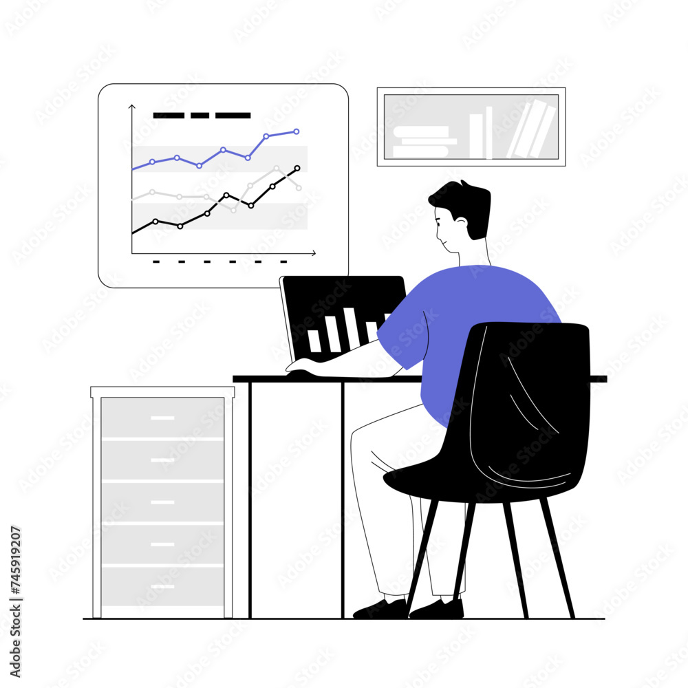 Poster data analysis, analytics, reporting concept. man working with information, charts, graphs on a lapto