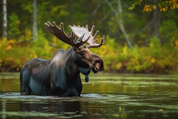 moose wading in a forest pond - obrazy, fototapety, plakaty