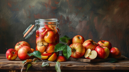 Canned apples. Jar with canned apples and fresh. - obrazy, fototapety, plakaty
