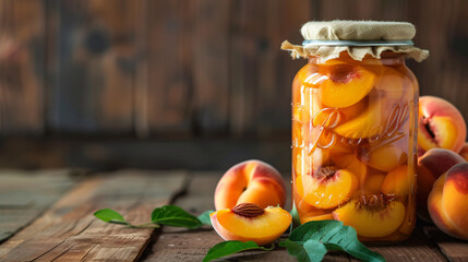 Canned peaches. Jar with canned peaches and fresh. - obrazy, fototapety, plakaty