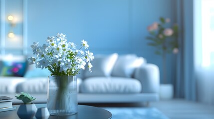 Modern blue living room design with sofa and furniture. Blurred bright living room with sofa and flowers. wide panorama, use for background. digital ai 
