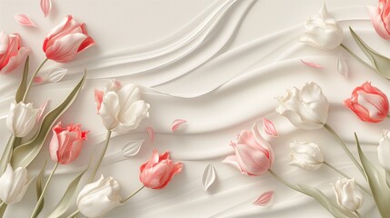 Beautiful white and pink tulip flowers on white background. Top view
