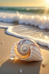 Fototapeta na wymiar Sea shell on beach in the sunrise