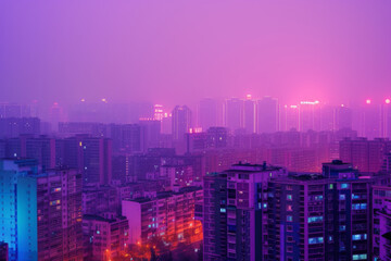 Fototapeta na wymiar A cityscape in purple and pink lit up at dusk.