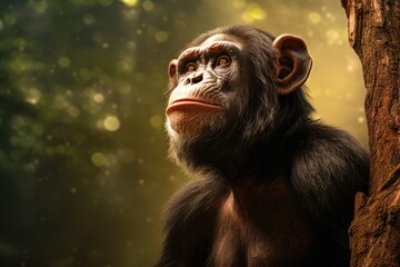 Chimpanzee portrait on nature background.