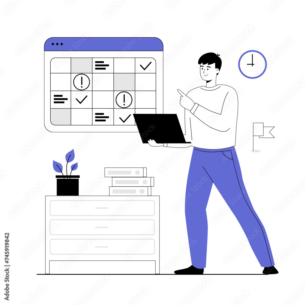 Poster effective time management concept. businessman planning schedule on calendar and organizing workflow