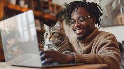 young black man with laptop sitting on desk in home office, pet accompanied on his laptop. Friendship between cat and owner. Best friends.  - obrazy, fototapety, plakaty