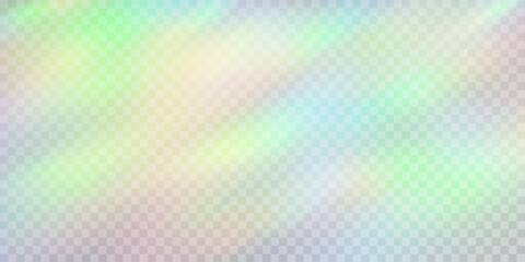 Rainbow light prism effect, transparent background. Hologram reflection, crystal flare leak shadow overlay.