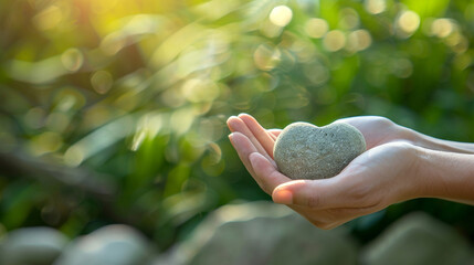 A pair of hands holding a heart-shaped stone, conveying self-love and emotional healing, blurred background, with copy space