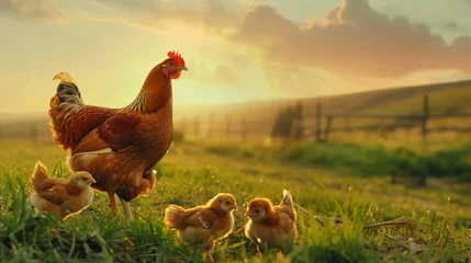 Fotobehang Chickens and hen on the green grass in the sunset. © Creative
