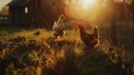 Chickens and hen on the green grass in the sunset. - obrazy, fototapety, plakaty