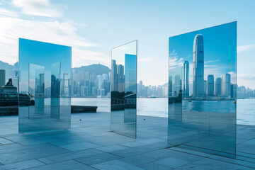Large rectangular mirrors forming the reflections of tall buildings in an outdoor space.