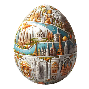 An Easter egg that looks like a miniature globe, showcasing different landmarks from around the world in a celebration of unity and diversity