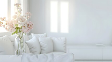 Modern white living room interior with sofa, furniture and flowers. Blurred bright living room with sofa and flowers. wide panorama, use for background. 