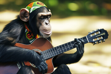 monkey with rasta bandana playing an acoustic guitar