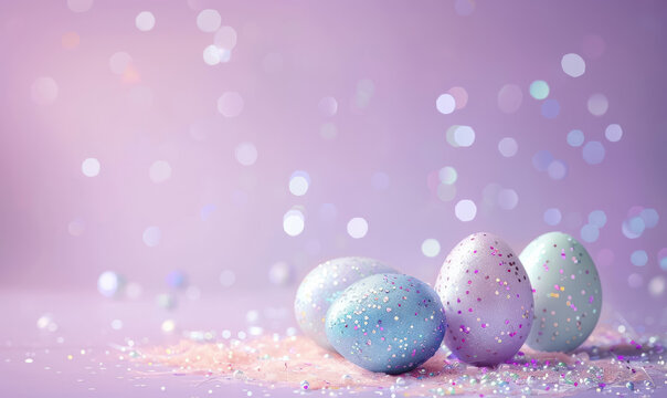 elegant easter eggs with golden glitter on a dreamy bokeh purple backgroun