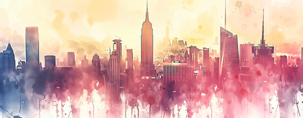 City skyline in watercolor.