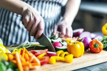 nutritionist chopping colorful vegetables for a cooking demonstration