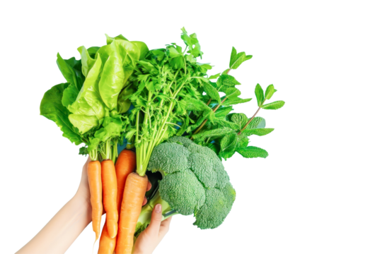 Female hands hold fresh natural vegetables on transparent background. Close up. Concept of health, healthy food, vegan diet and dieting - Powered by Adobe