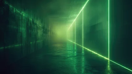 Poster Dark tunnel background, industrial room with green led light, interior of abstract modern hallway or garage. Concept of concrete hall, warehouse, studio, laser, technology © Natalya