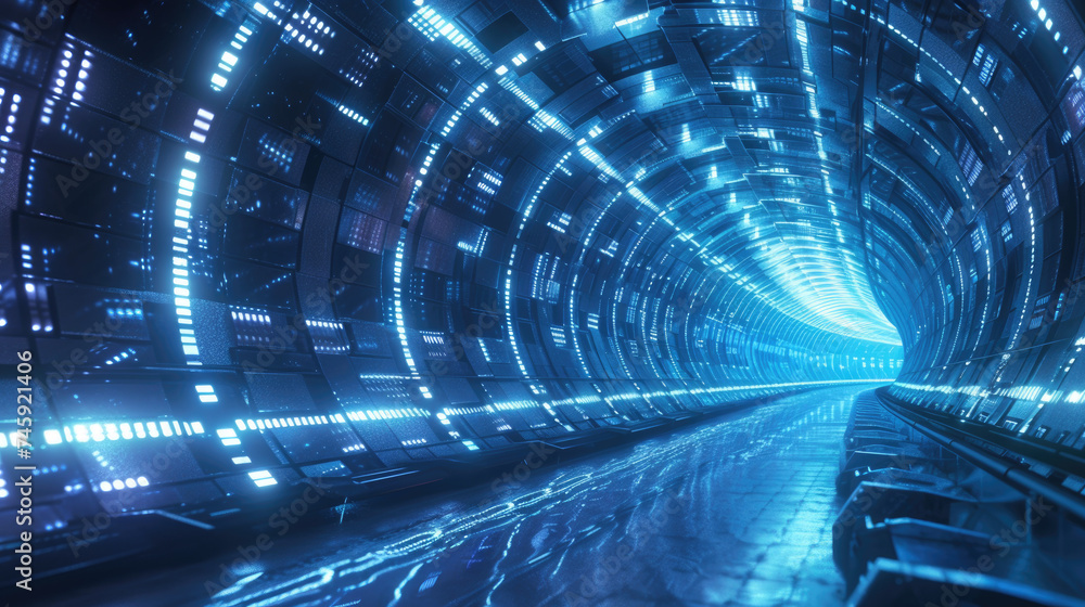 Poster futuristic abstract tunnel with blue lights of data, abstract tech space background. perspective vie