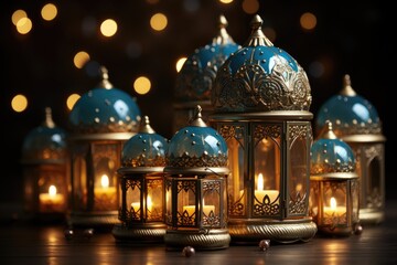 Obraz premium Ramadan theme decorated with glowing lanterns and crescent moon for elegant poster background professional photography