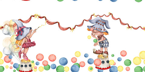 Seamless border of circus clown gnome in vintage style for card. Watercolor illustration for scrapbooking . Hand drawn background with flower for design. Perfect for wedding invitation.