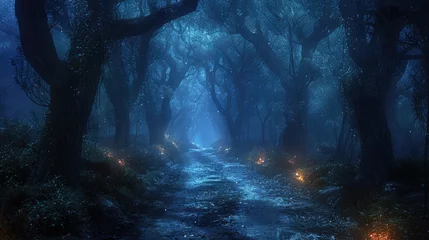 Fototapeten Dark forest background, spooky black trees, path and mystic blue light at night. Landscape of fairy tale woods. Concept of fantasy, nature, Halloween © Natalya